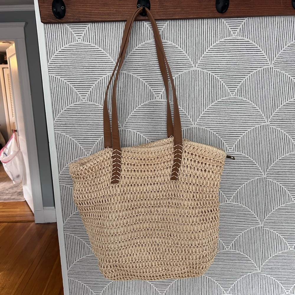Woven Straw Tote Bag with Brown Leather Straps